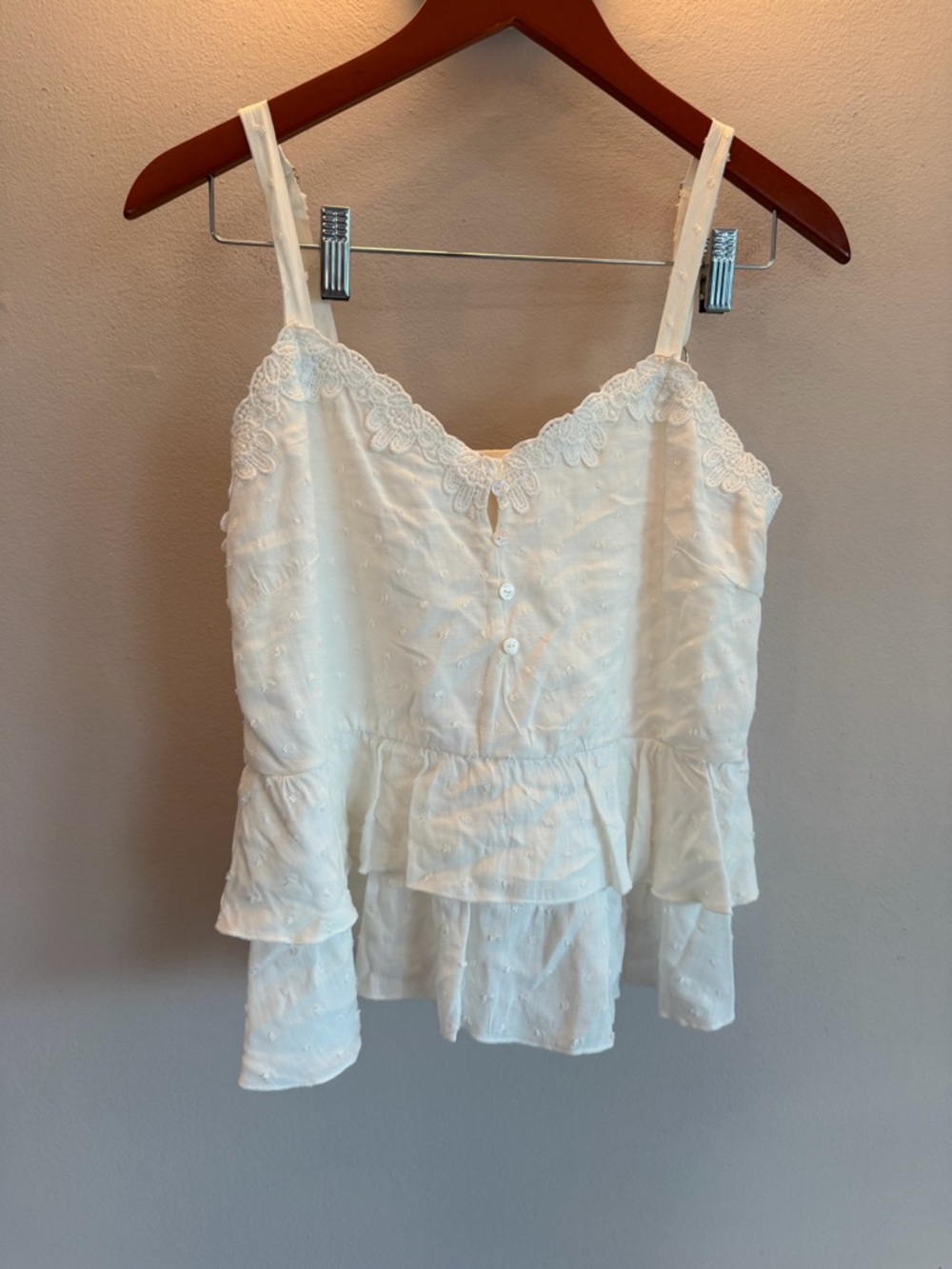 Urban Romantics White Clip Dot Lace Trim Tiered Peplum Camisole Top Small